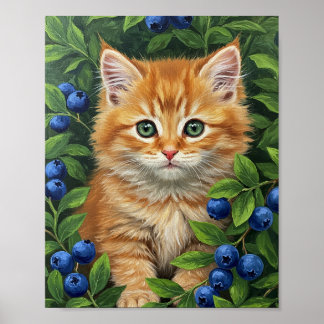 Kitten & Blaubeeren | Ölmalerei Kunst Poster