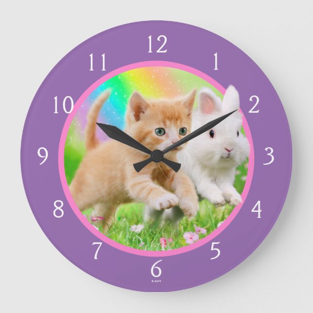 Kitten & Bunny mit Regenbogen Große Wanduhr (Vorderseite)