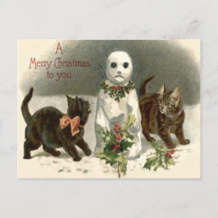 Kitten Cat Curious Snowman Holly Wreath Postkarte