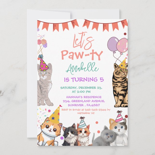 Kitten Cat Let's Pawty Birthday Einladung (Vorderseite)