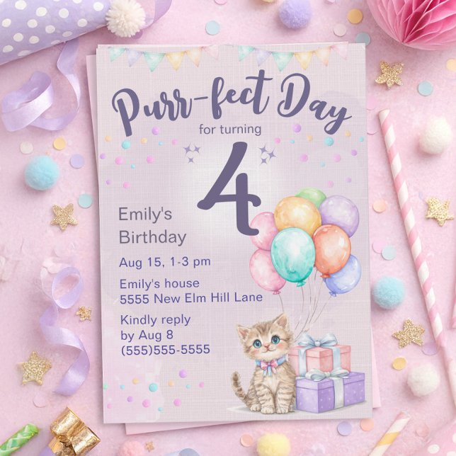 Kitten Cat Pastel Little Girl's 4th Birthday Einladung ("Purr-fect day for turning 4" cute kitten 4th birthday party invitation for little girls)