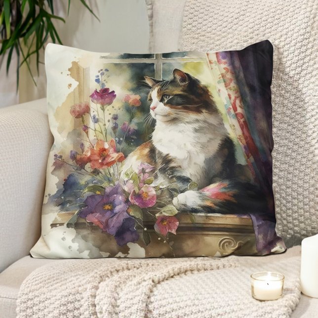 Kitten Cat Purple Flowers Sonnenlicht Kissen (Pillow with the watercolor painting of a cat sitting in the sunshine)