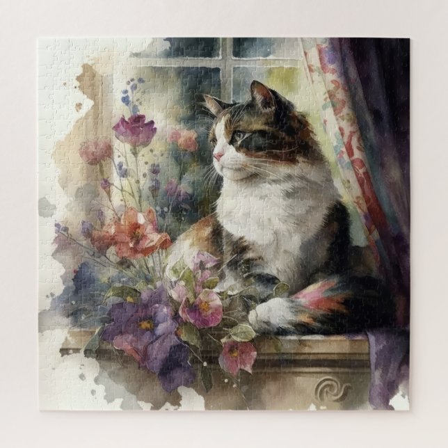Kitten Cat Purple Flowers Sonnenlicht Puzzle (Vertikal)