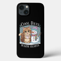 Kitten Cat und Snowman Friends Share Coffee Winter