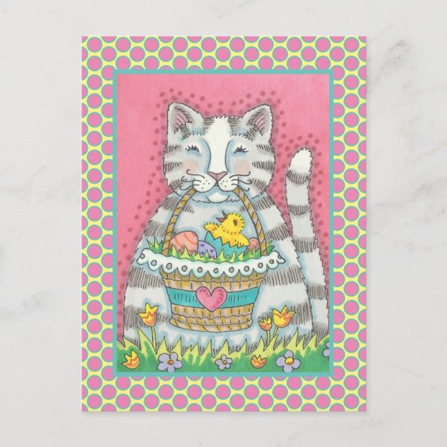 KITTEN CHICK & EASTER EGG BASKET, NIEDLICHER CAT-U POSTKARTE (Vorderseite)