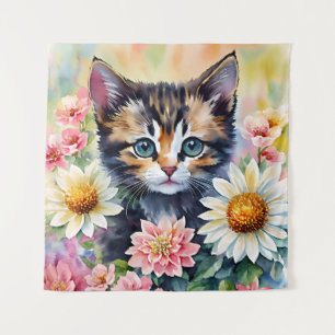 Kitten Daisy Blume Wasserfarben Kunst, Dichtung un Wandteppich