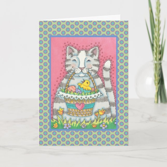 KITTEN & EASTER BASKET, CAT-GREETKARTENVERSE FEIERTAGSKARTE (Vorderseite)