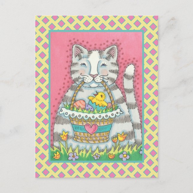 KITTEN & EASTER BASKET, NIEDLICHER CAT-URLAUB POST POSTKARTE (Vorderseite)