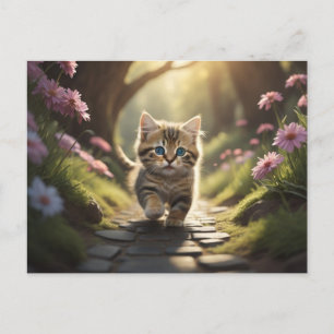 Kitten geht den Weg zwischen den Blume entlang Postkarte