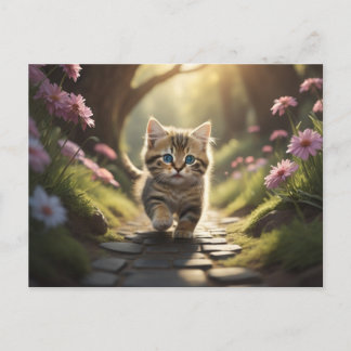 Kitten geht den Weg zwischen den Blume entlang Postkarte