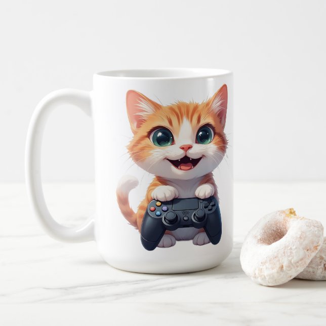 Kitten Holding Game Controller Smiling Gamer Cat I Kaffeetasse (Mit Donut)