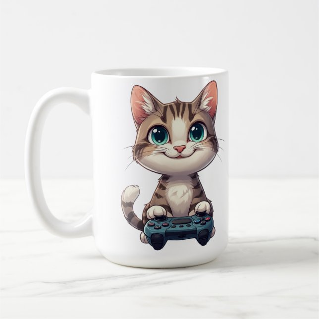 Kitten Holding Game Controller Smiling Gamer Cat Kaffeetasse (Links)