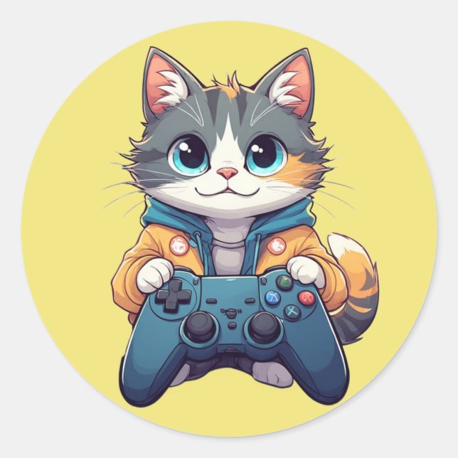 Kitten Holding Game Controller Smiling Gamer Cat Runder Aufkleber (Vorderseite)