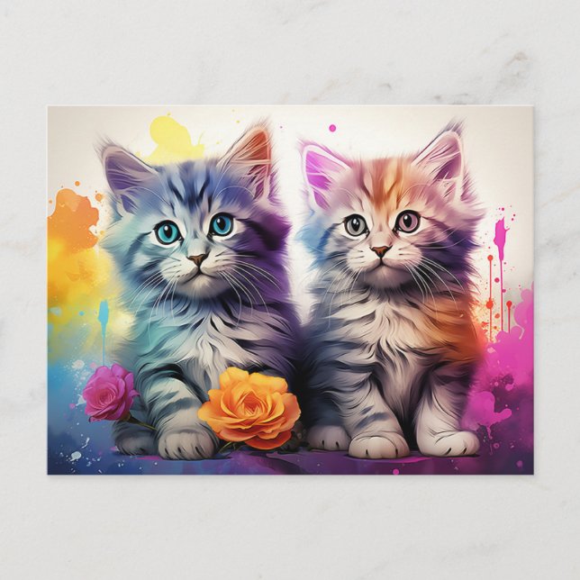 Kitten Illustration Vibrant Floral Wasserfarbe Postkarte (Vorderseite)