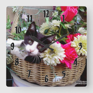 Kitten in a Basket Quadratische Wanduhr