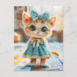 Kitten in blauem Rock und Bluse Feiertagspostkarte