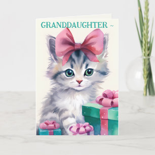 KITTEN IN BOW GRANDAUGHTER CHRISTMAS CARD DANKESKARTE