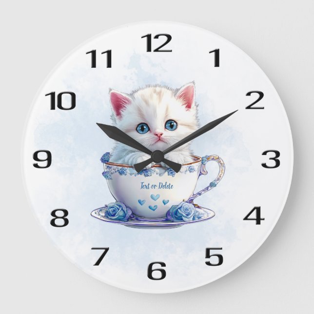 Kitten in Cup Blue Blumen Wall Clock Große Wanduhr (Vorderseite)