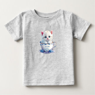 Kitten in Cup Blue Flowers Baby T - Shirt