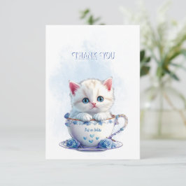 Kitten in Cup Blue Flowers Danke Karte