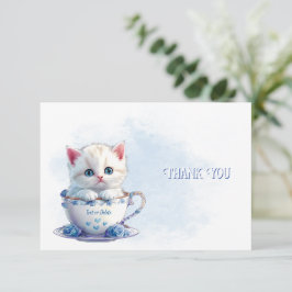 Kitten in Cup Blue Flowers Danke Karte