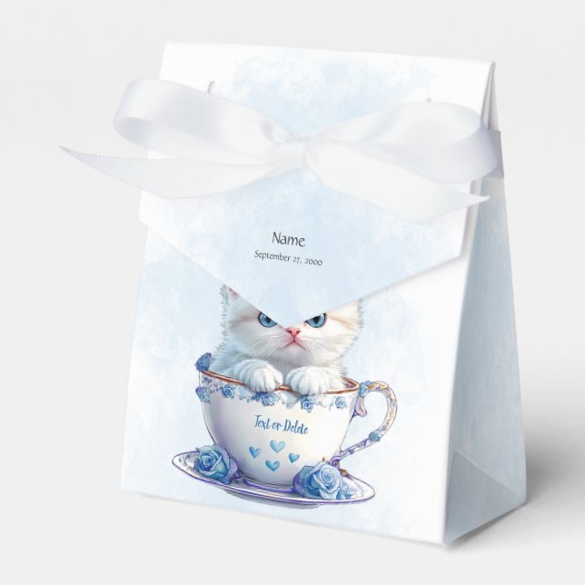 Kitten in Cup Blue Flowers Gefälligkeitsbox Geschenkschachtel (Vorderseite)