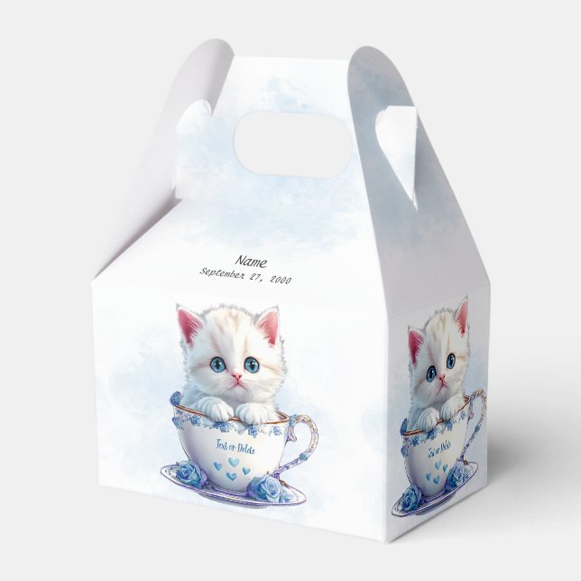 Kitten in Cup Blue Flowers Gefälligkeitsbox Geschenkschachtel (Vorderseite)