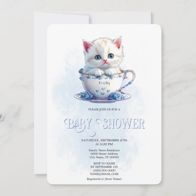 Kitten in Cup Blue Flowers Kinderdusche Einladung (Vorderseite)