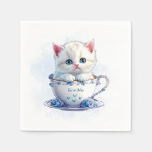 Kitten in Cup Blue Flowers Napkins