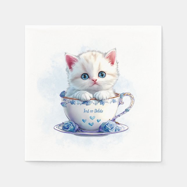 Kitten in Cup Blue Flowers Napkins Serviette (Vorderseite)