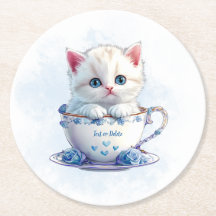 Kitten in Cup Blue Flowers Papier Untersetzer
