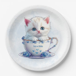 Kitten in Cup Blue Flowers Papierplatte Pappteller