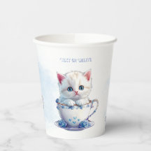 Kitten in Cup Blue Flowers Papiertüten