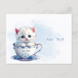 Kitten in Cup Blue Flowers Postcard Postkarte