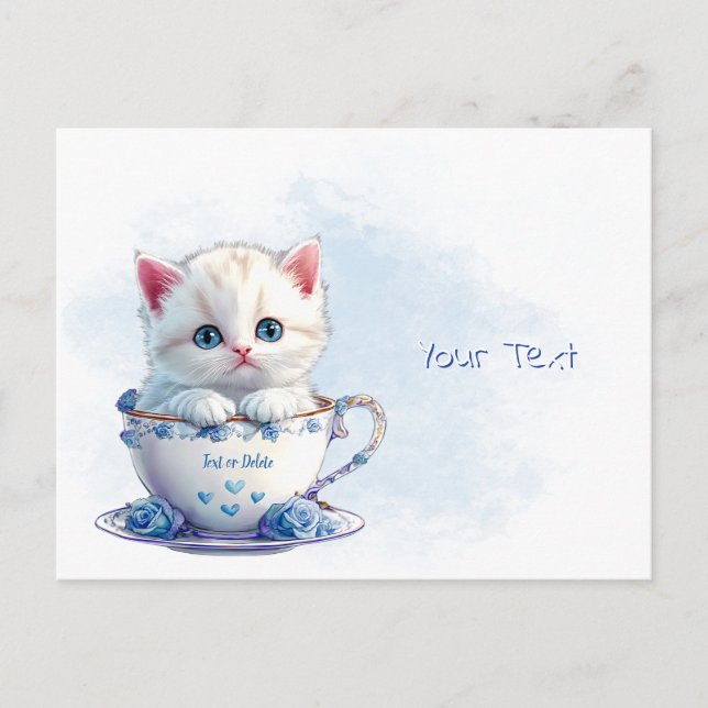 Kitten in Cup Blue Flowers Postcard Postkarte (Vorderseite)