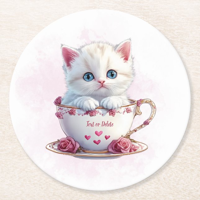 Kitten in Cup Pink Blume Papier Untersetzer (Vorderseite)