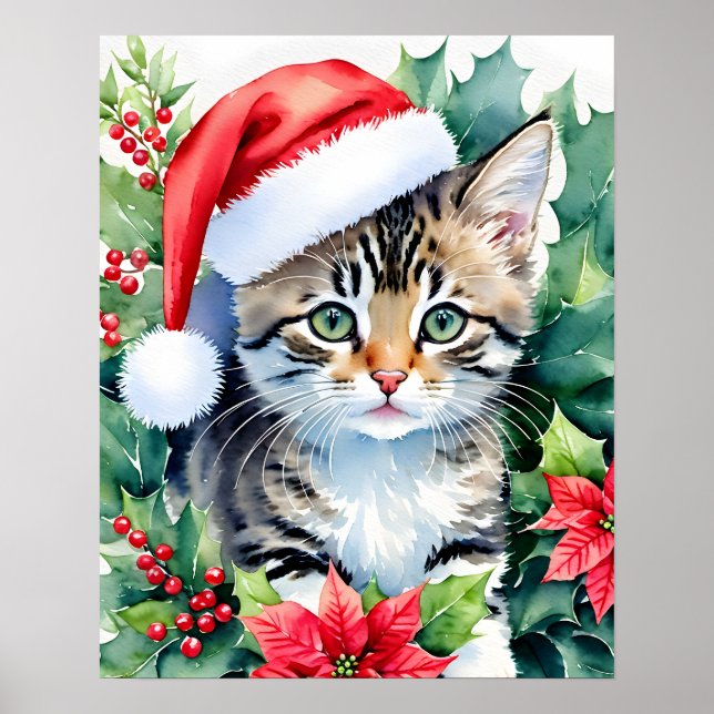 Kitten in der Weihnachtsmannmütze Weihnachten Wass Poster (Vorne)