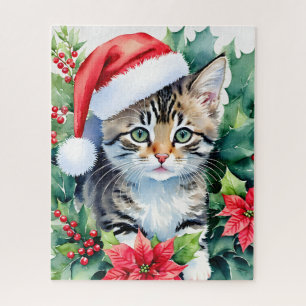 Kitten in der Weihnachtsmannmütze Weihnachtskunst Puzzle