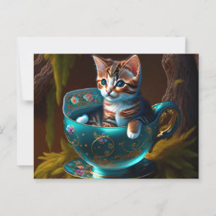 Kitten in einem blauen Teacup - Katze Postkarte