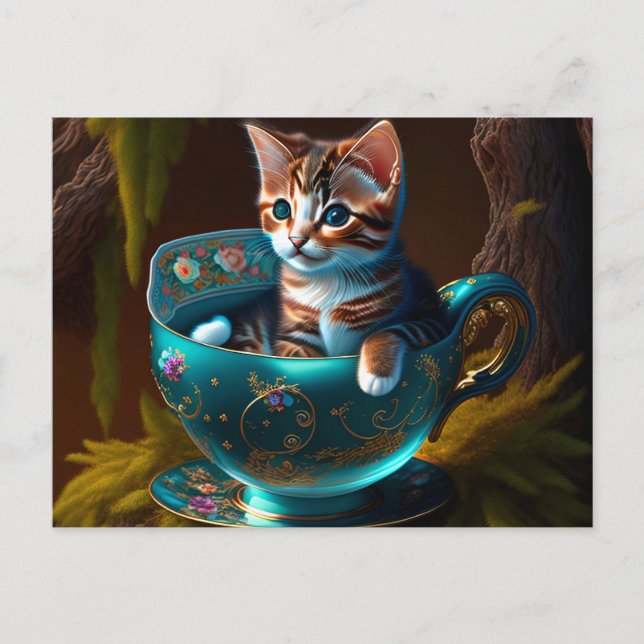 Kitten in einem blauen Teacup - Katze Postkarte (Vorderseite)