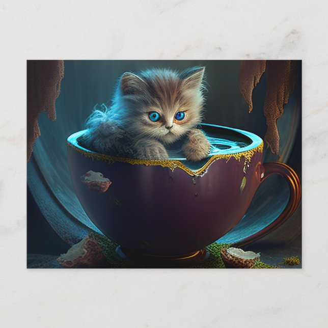 Kitten in einem Maronteacup - Katzenpostkarte Postkarte (Vorderseite)