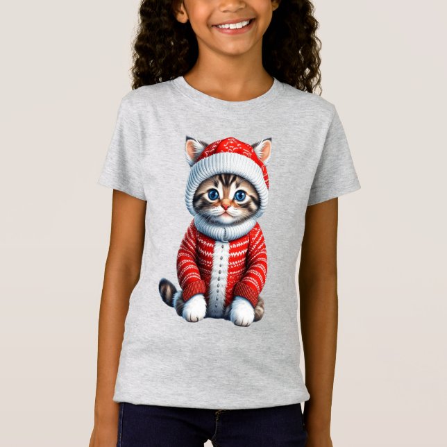 Kitten in einem rot-weißen Weihnachtskid T-Shirt (Vorderseite)