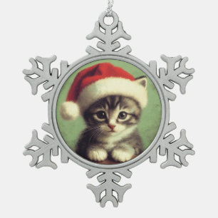 Kitten in einer Weihnachtsmannmütze Schneeflocke G Schneeflocken Zinn-Ornament