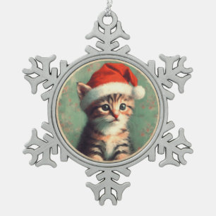 Kitten in einer Weihnachtsmannmütze Schneeflocke G Schneeflocken Zinn-Ornament