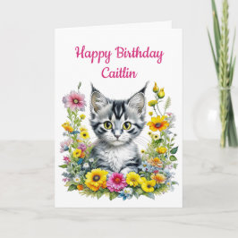 Kitten in gelben Blumen Personalisiert Geburtstag Karte