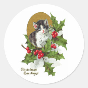 Kitten in Holly Vintage Christmas (H.SandyRelief) Runder Aufkleber
