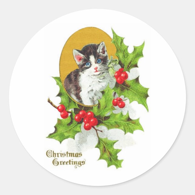 Kitten in Holly Vintage Weihnachtskleber Runder Aufkleber (Vorderseite)