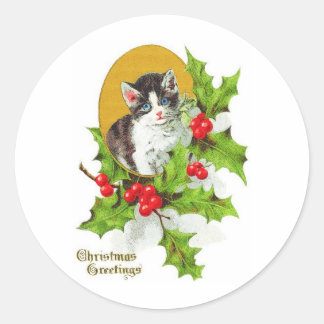 Kitten in Holly Vintage Weihnachtskleber Runder Aufkleber