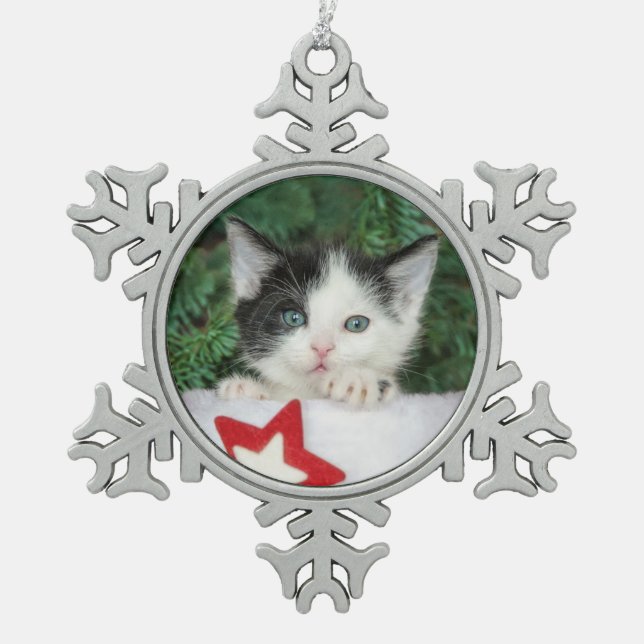 Kitten in Red Santa Claus Boot Strumpf Schneeflocken Zinn-Ornament (Vorderseite)