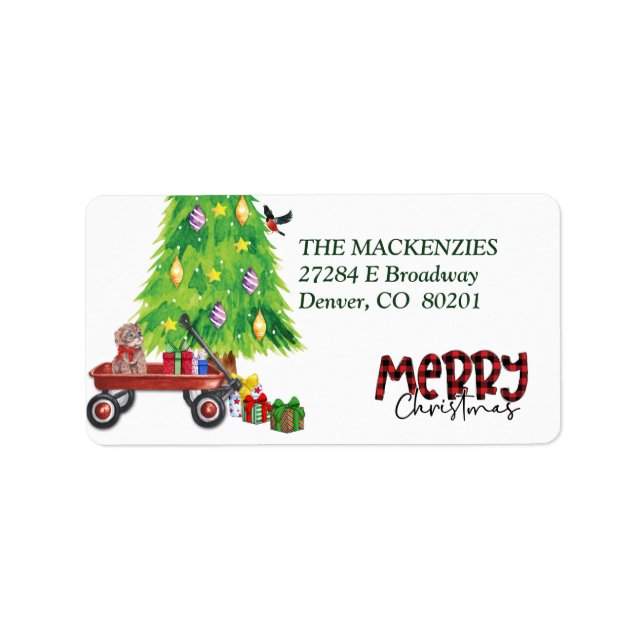 Kitten in Wagon und Weihnachtsbaum Rücksendeadress Adressaufkleber (Vorne)